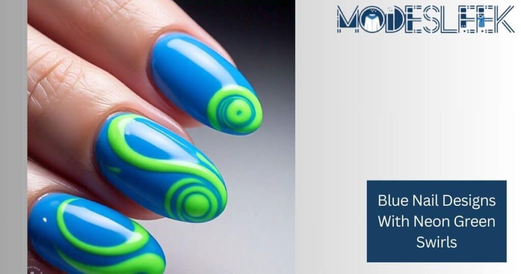 Blue nail designs with neon green swirls