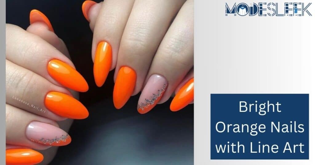 Bright Orange Nails with Line Art