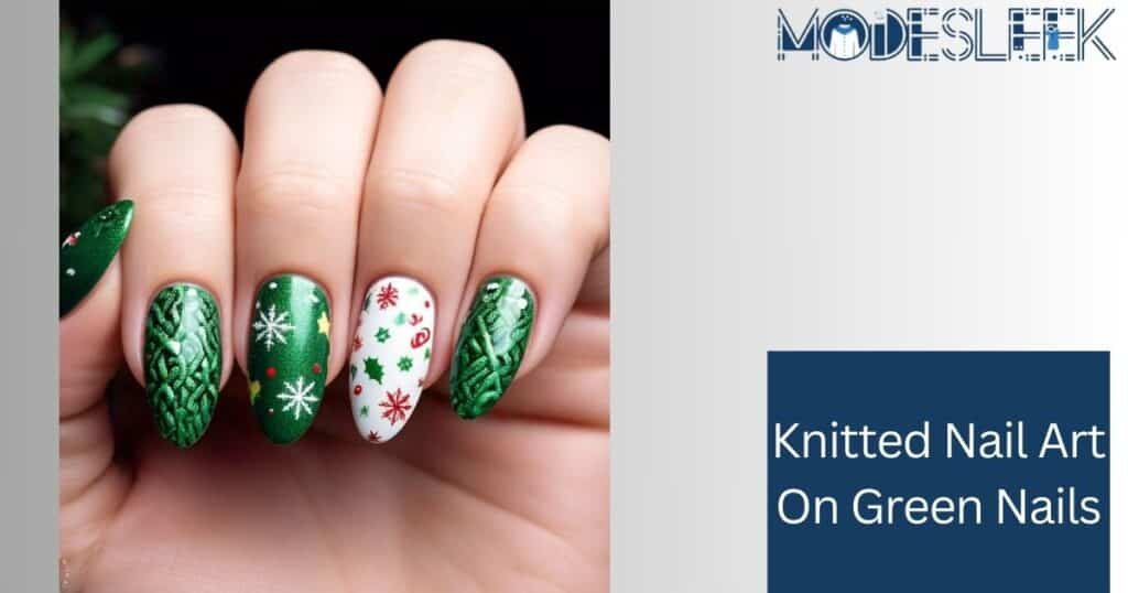 Knitted nail art on green nails