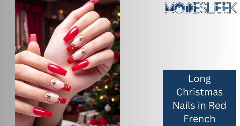 Long Christmas Nails in Red French