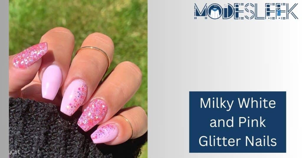 Milky White and Pink Glitter Nails