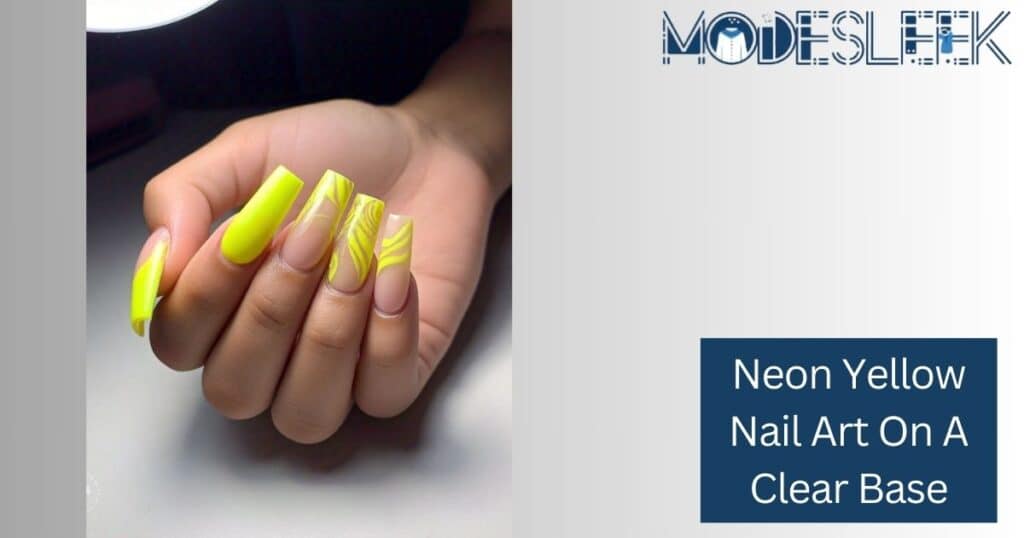 Neon yellow nail art on a clear base