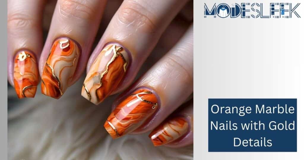 Orange Marble Nails with Gold Details