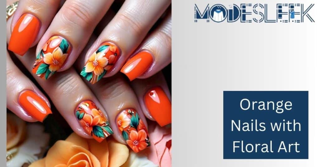 Orange Nails with Floral Art