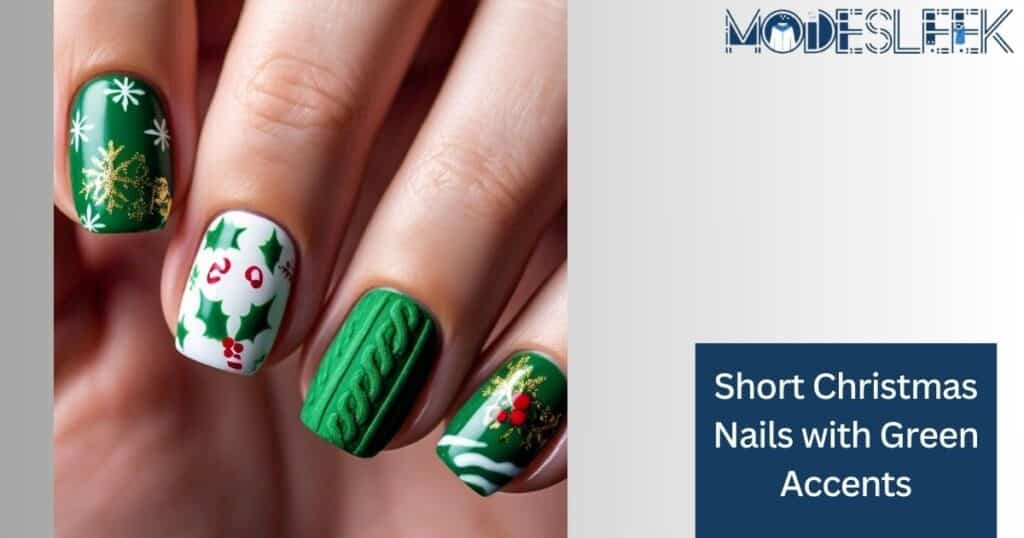 Short Christmas Nails with Green Accents