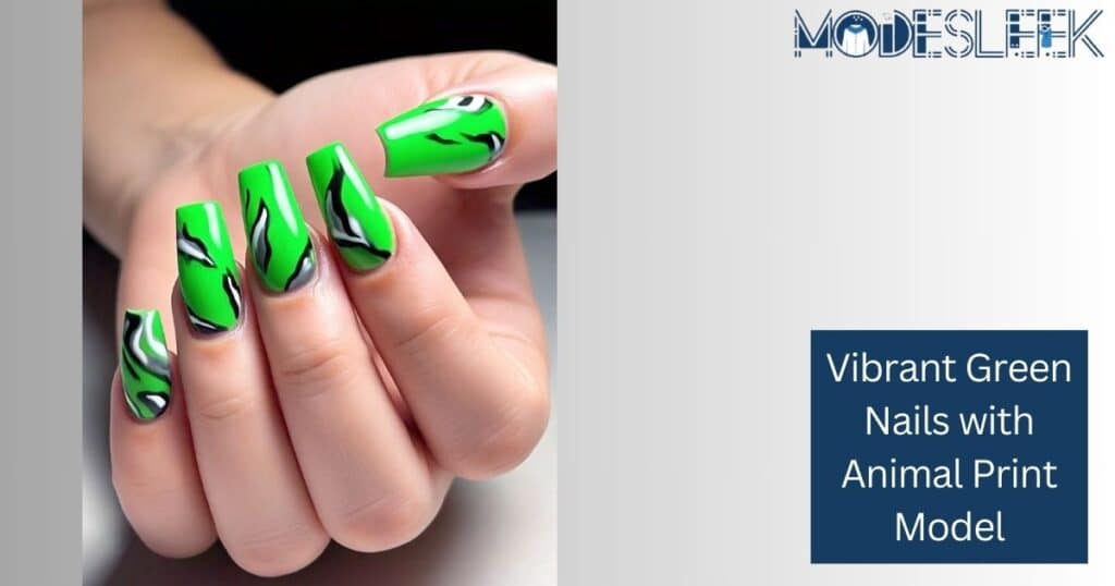 Vibrant Green Nails with Animal Print Model