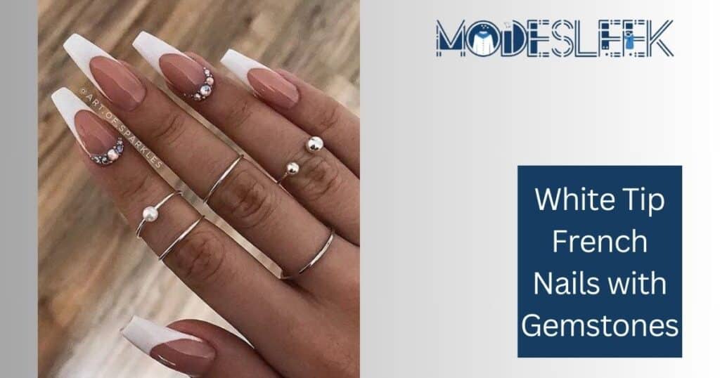 White Tip French Nails with Gemstones