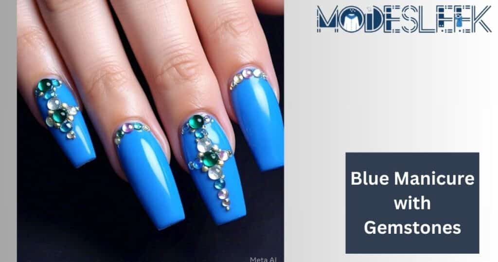 Blue Manicure with Gemstones