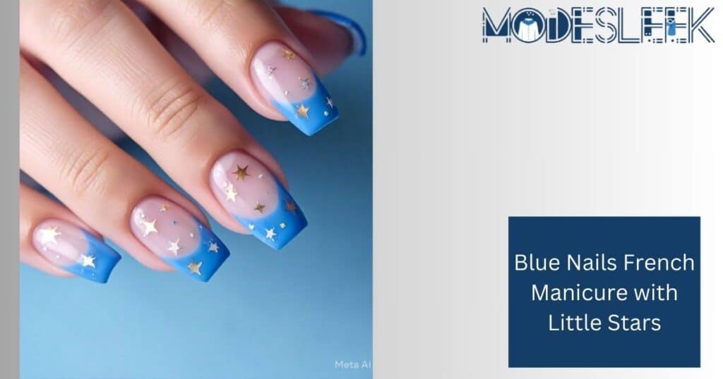 Blue Nails French Manicure with Little Stars