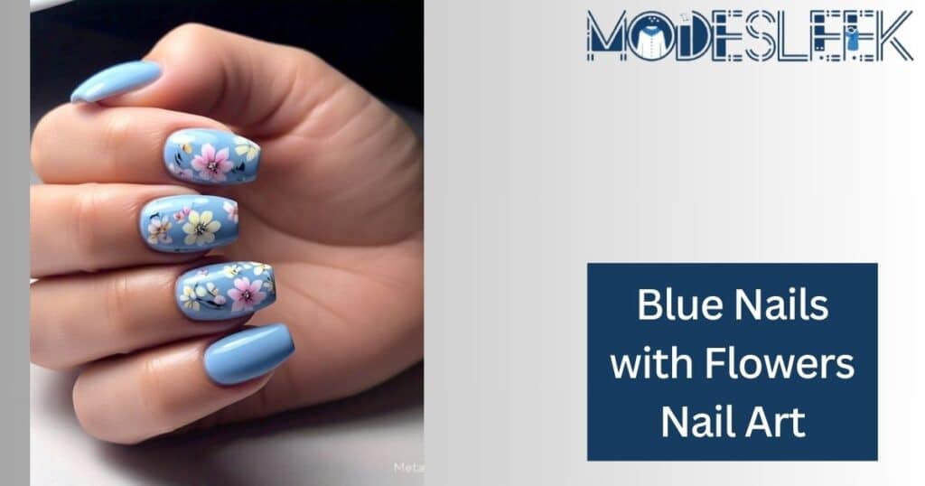 Blue Nails with Flowers Nail Art