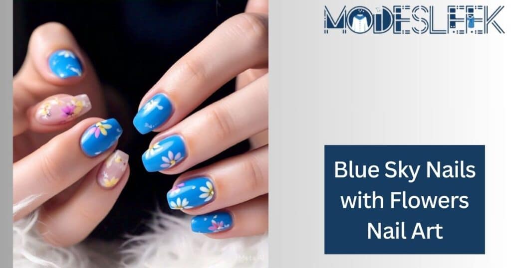 Blue Sky Nails with Flowers Nail Art