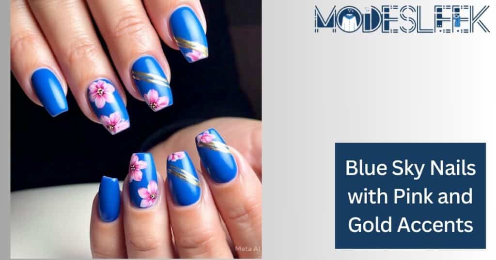 Blue Sky Nails with Pink and Gold Accents