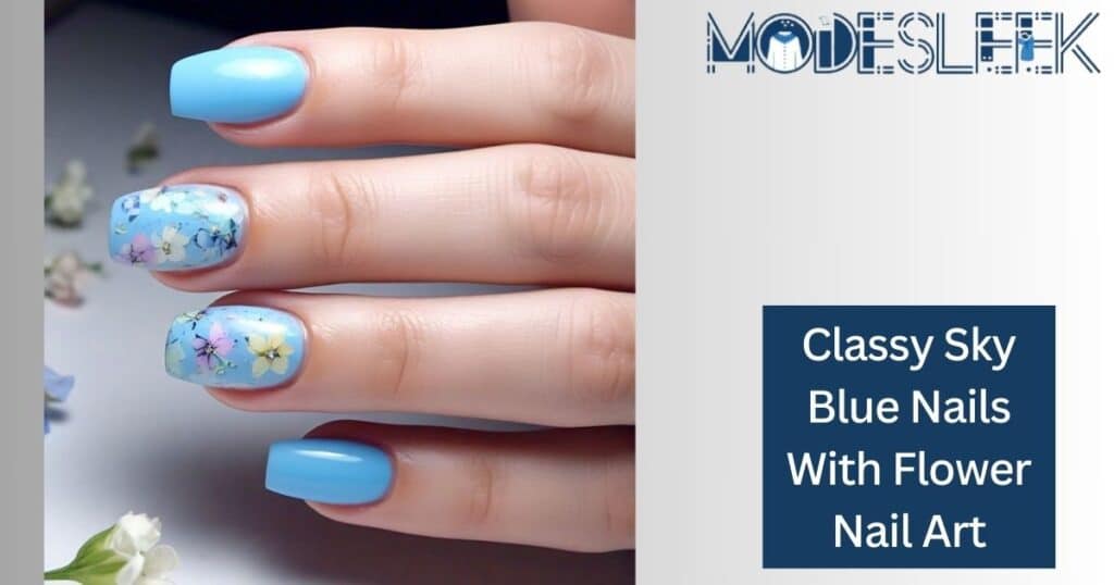 Classy sky blue nails with flower nail art