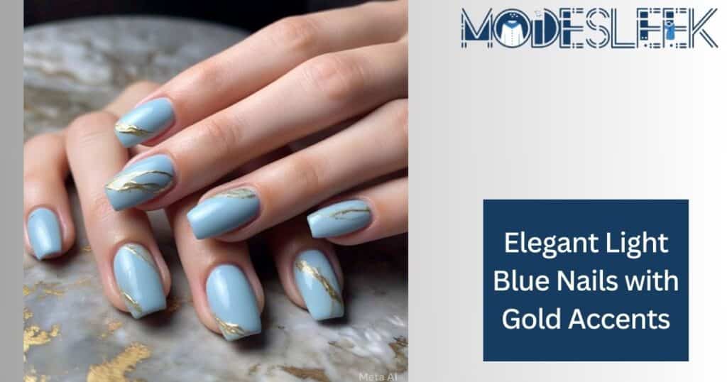 Elegant Light Blue Nails with Gold Accents