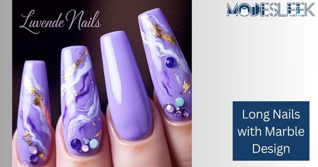 Long Nails with Marble Design