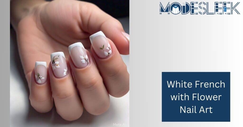 White French with Flower Nail Art